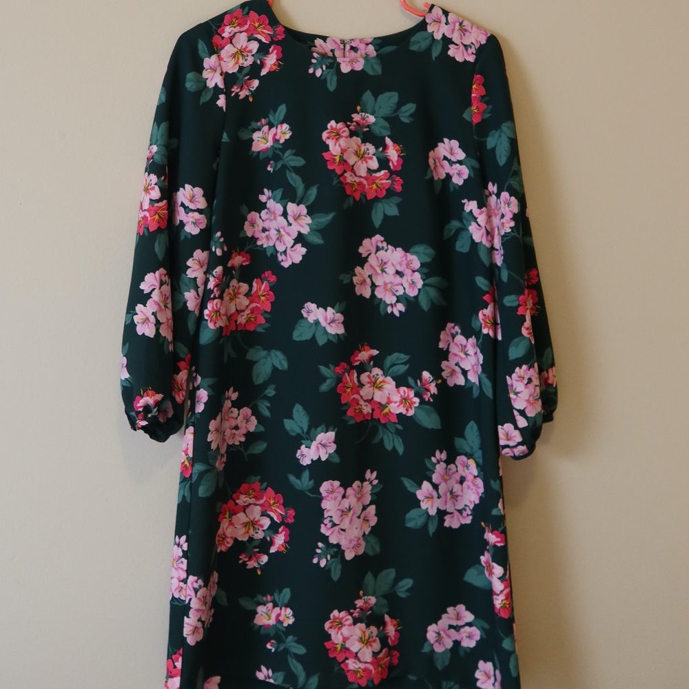 Ann Taylor Green 3/4 Sleeve Dress with Pink Floral Print